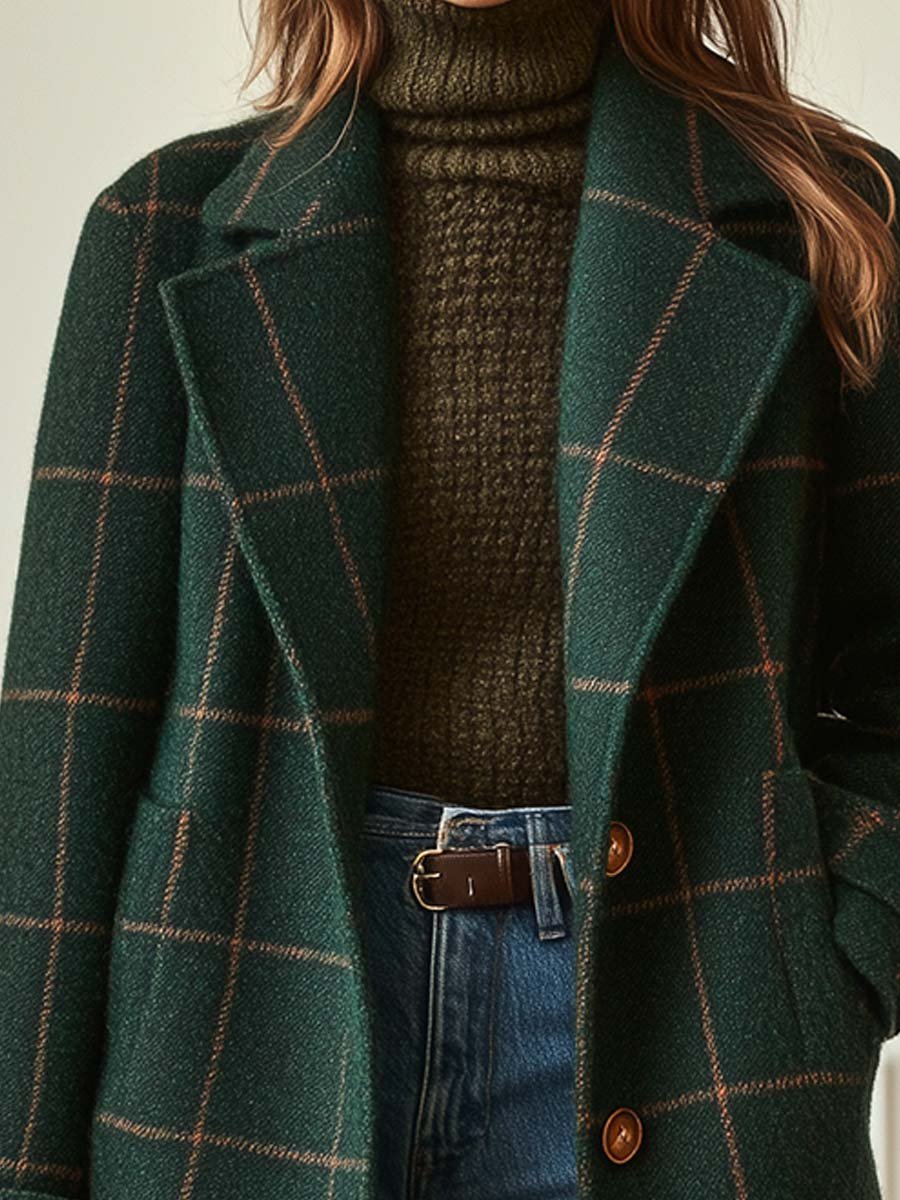 Manteau en laine à motif à carreaux avec col à revers