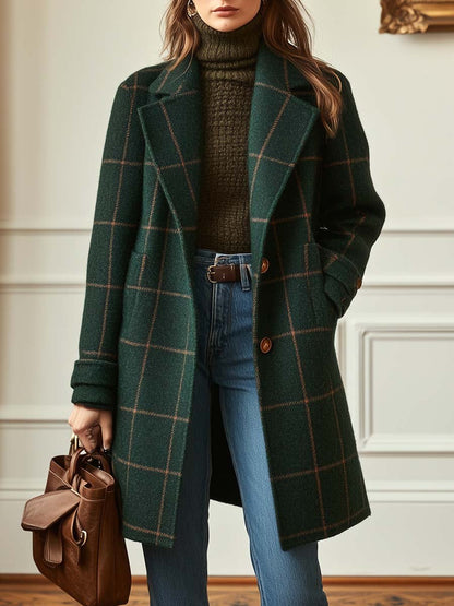 Manteau en laine à motif à carreaux avec col à revers