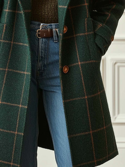 Manteau en laine à motif à carreaux avec col à revers