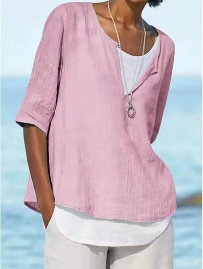 Blouse blanche élégante pour femmes avec col rond en lin - Tamera