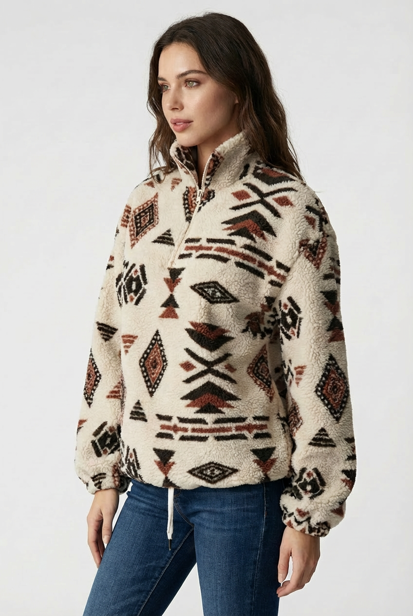 Sweat-shirt en polaire douillet zippé pour femmes – Imprimé géométrique d'hiver
