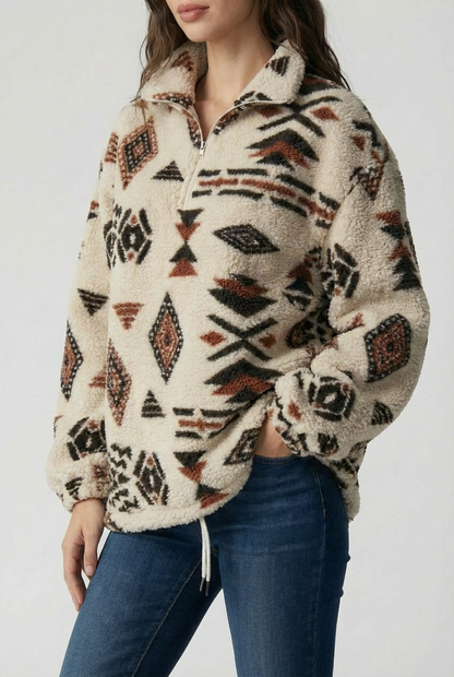 Sweat-shirt en polaire douillet zippé pour femmes – Imprimé géométrique d'hiver
