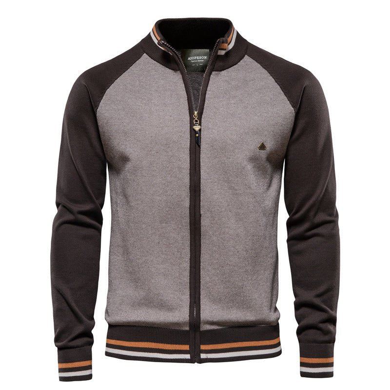 Veste-pull bicolore chaude pour homme avec fermeture éclair | veste d'hiver tricotée à col montant