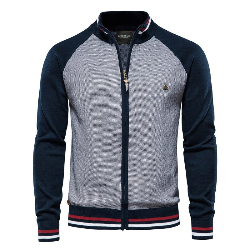 Veste-pull bicolore chaude pour homme avec fermeture éclair | veste d'hiver tricotée à col montant
