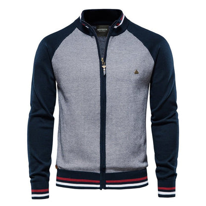 Veste-pull bicolore chaude pour homme avec fermeture éclair | veste d'hiver tricotée à col montant