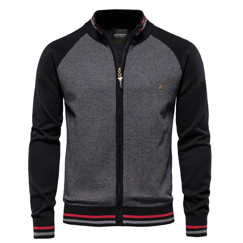 Veste-pull bicolore chaude pour homme avec fermeture éclair | veste d'hiver tricotée à col montant
