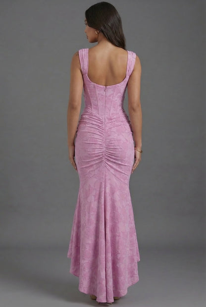 Robe longue corsetée florale avec fronces et ourlet queue de poisson pour invités de mariage