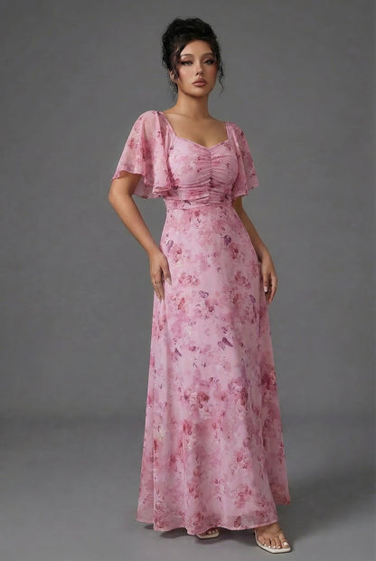Floral Maxi Dress for Wedding Guests with Flutter Sleeves
