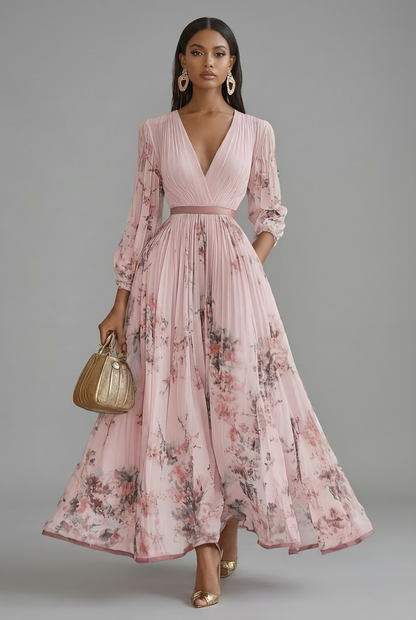 Robe maxi Ascot florale avec décolleté en V et manches longues
