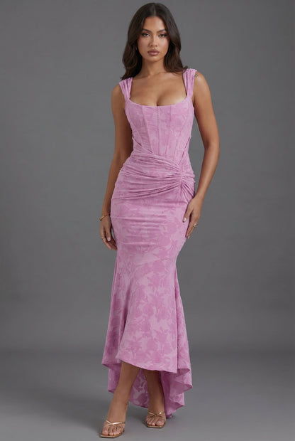 Robe longue corsetée florale avec fronces et ourlet queue de poisson pour invités de mariage