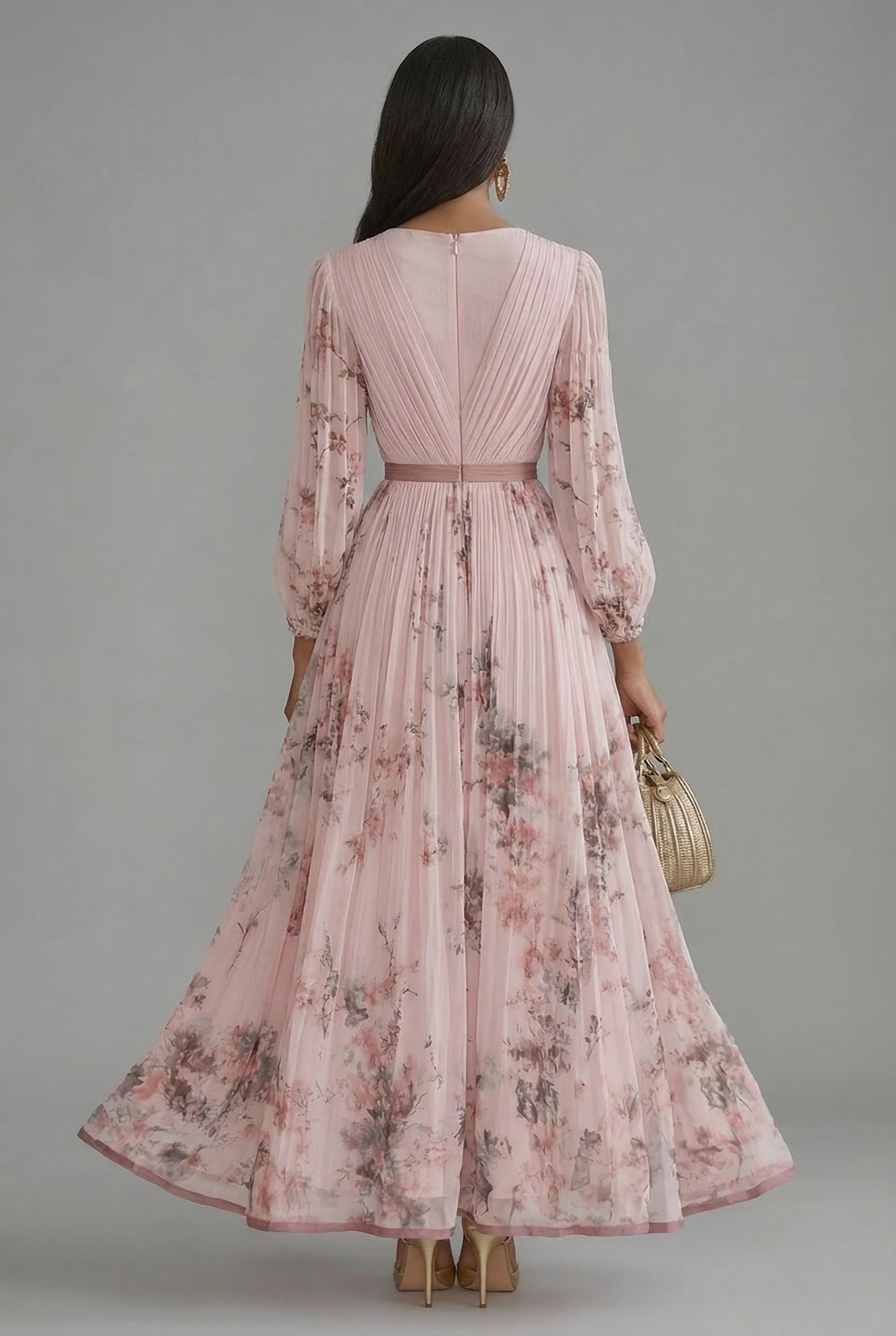 Robe maxi Ascot florale avec décolleté en V et manches longues