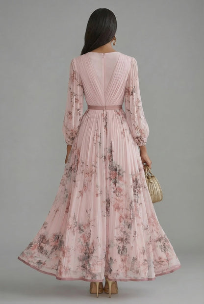 Robe maxi Ascot florale avec décolleté en V et manches longues