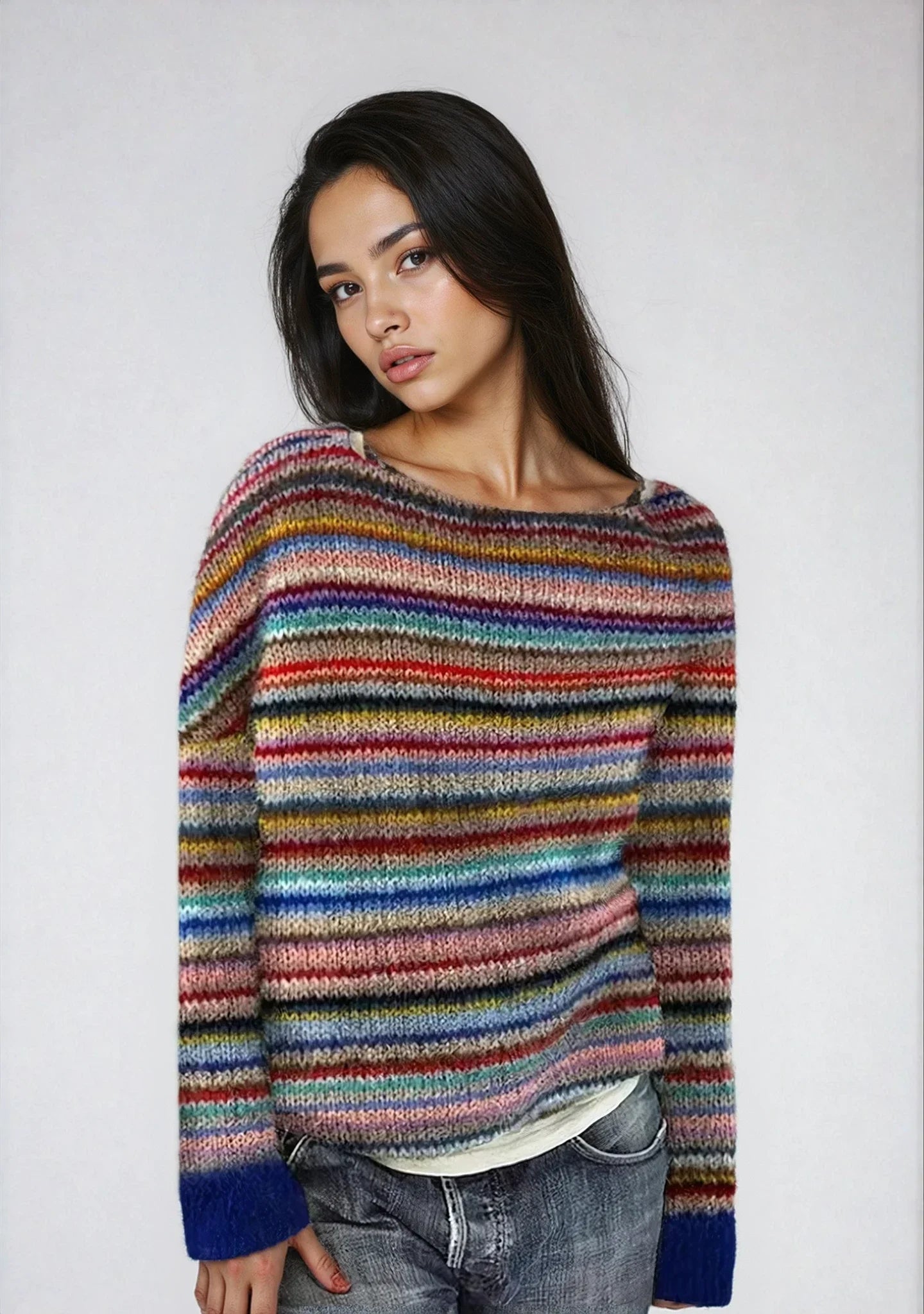 Pull femme multicolore en tricot léger, col bateau et coupe confortable, motif rayé rétro.