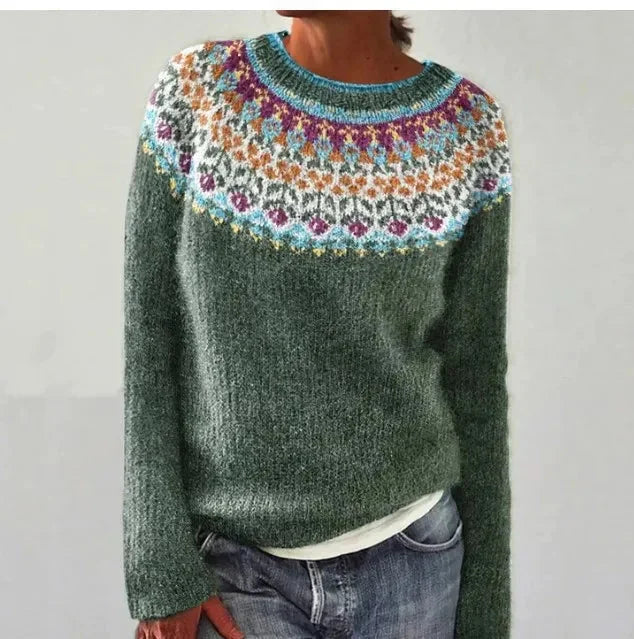 Pull femme multicolore à rayures, col bateau et tricot, style rétro.
