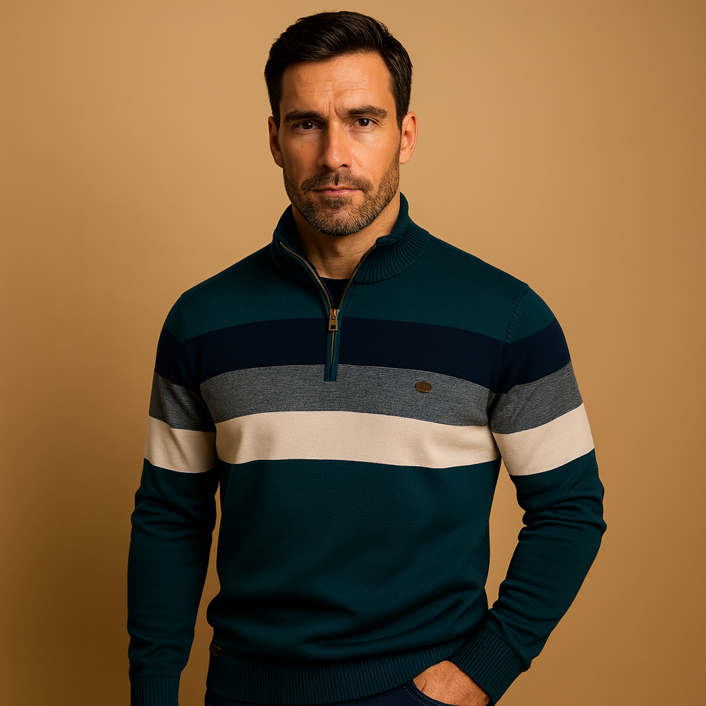 Pull homme à demi-fermeture éclair | Motif tricoté rayé avec col moderne