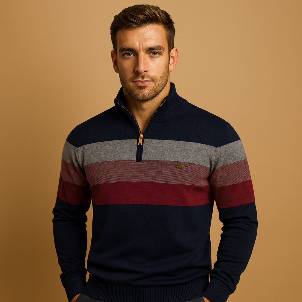 Pull homme à demi-fermeture éclair | Motif tricoté rayé avec col moderne