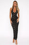 Robe longue en dentelle noire pour femme avec décolleté dans le dos