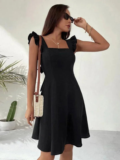 Robe courte évasée à volants, manches à bretelles, en coton léger, idéale pour les journées d'été - plusieurs couleurs…