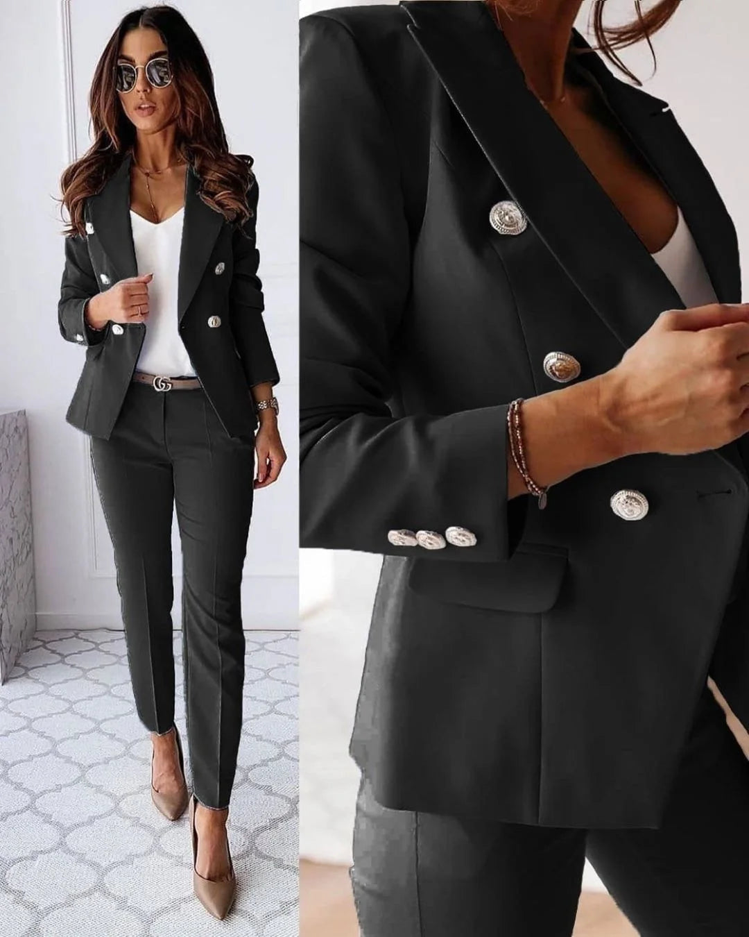 Veste tailleur noire à double boutonnage pour femme, coupe moderne, tissu résistant.