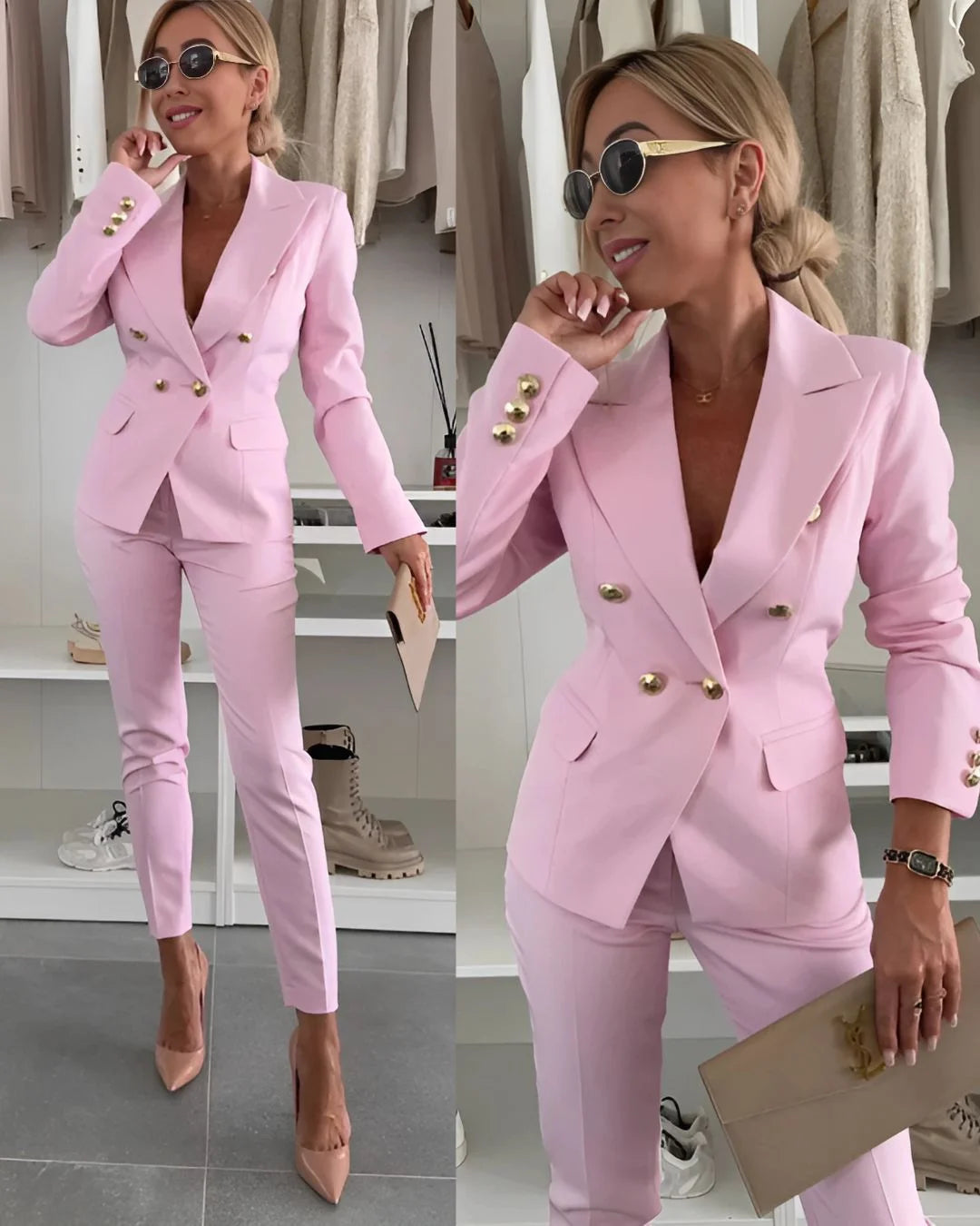 Veste de costume pour femme, double boutonnage, coupe moderne, couleur noire. Pantalon assorti disponible.