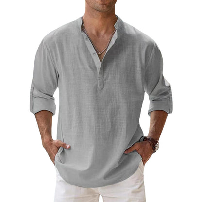 Men's Linen Shirt with Henley Collar