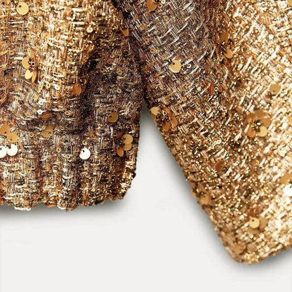 Veste femme à paillettes avec coupe ajustée, idéale pour les occasions spéciales et les tenues de soirée.